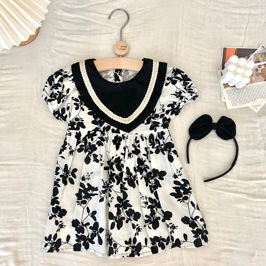 Black Flower Short Sleeve Dress